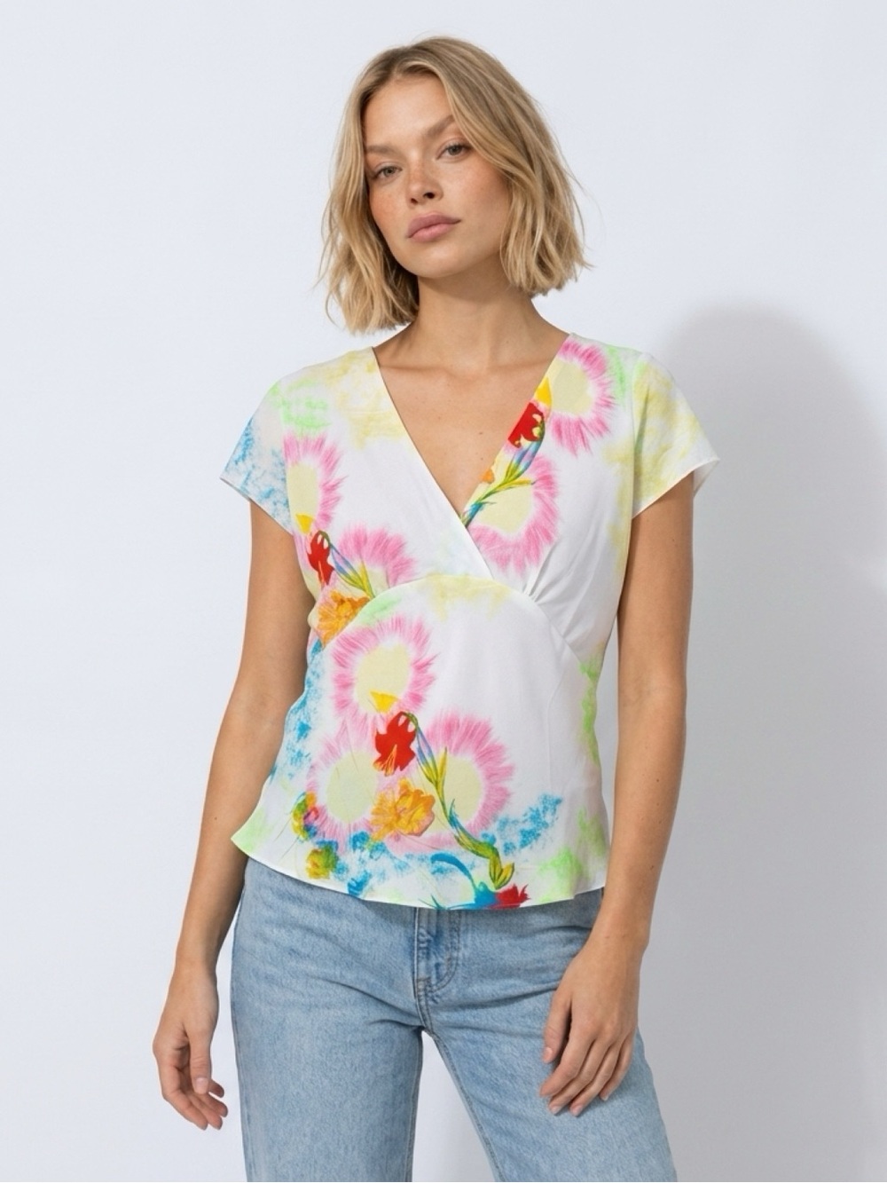 Dress-U by Sharon L Floral Wrap-Front Cap Sleeve Top - White Multi